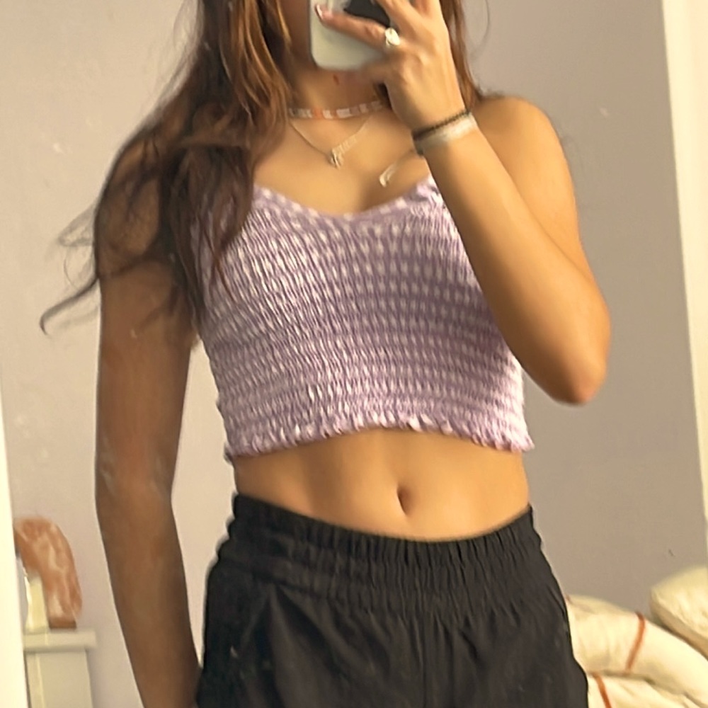Sky & Sparrow Light purple with white plaid crop top